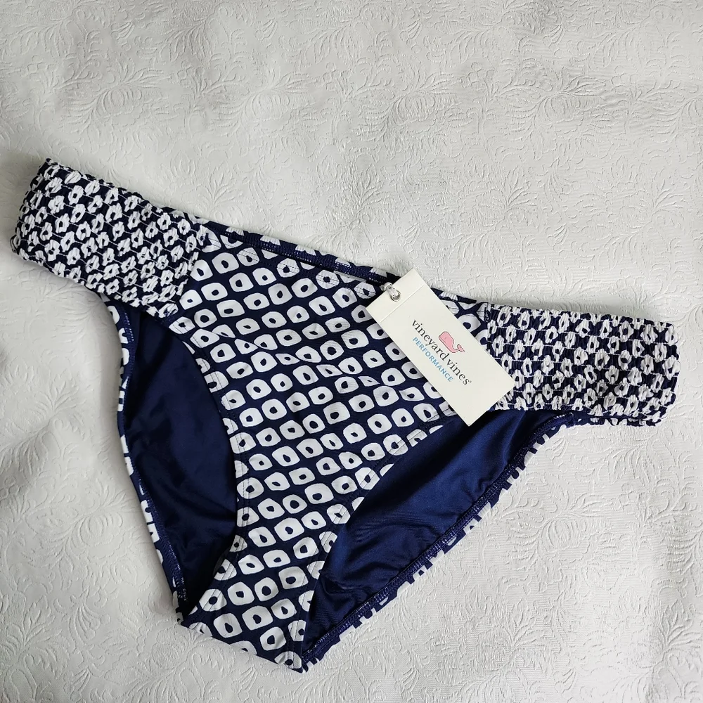 Vineyard Vines Stingray Smocked Bikini Bottom Deep Blue & White Size Medium NWT